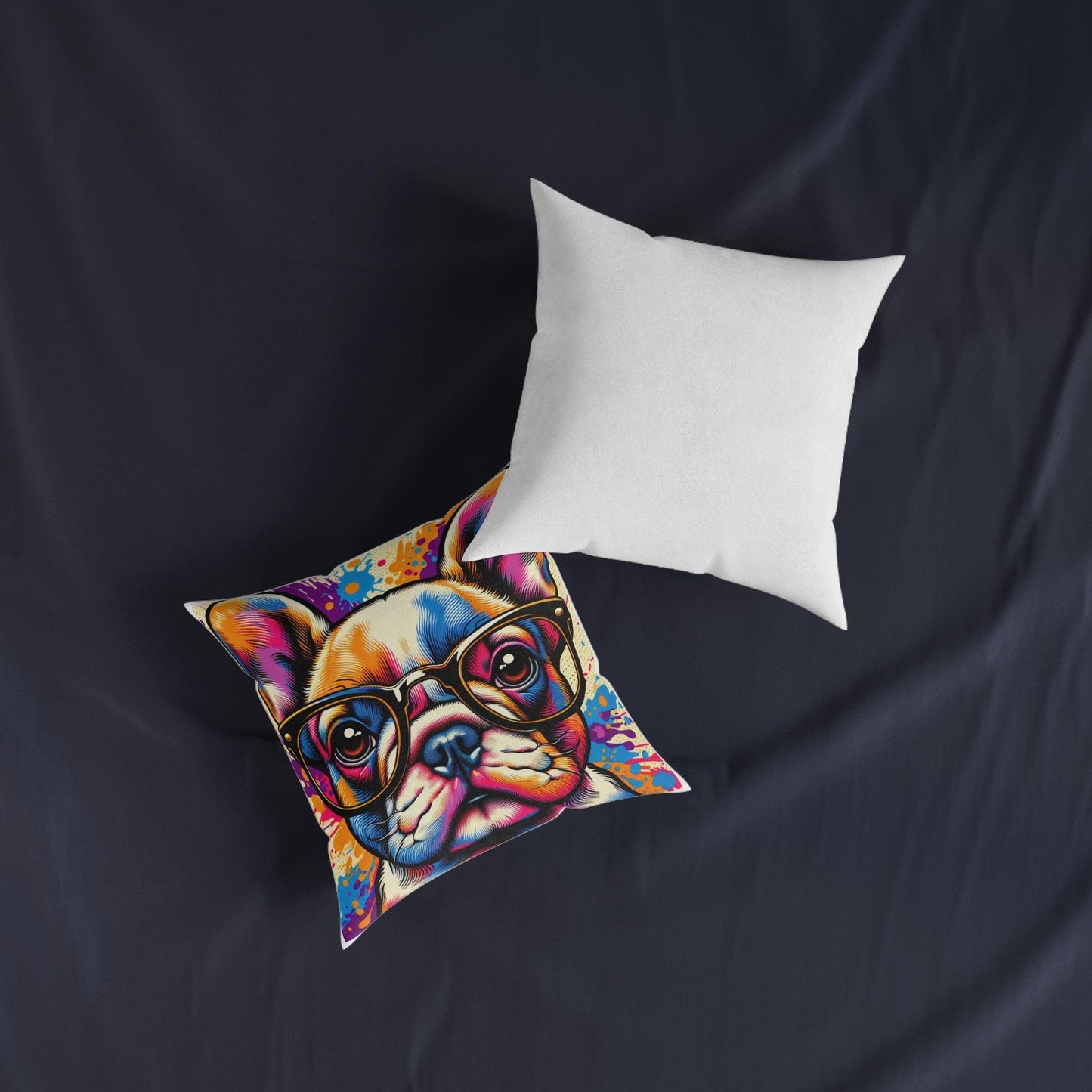 French Bulldog Wearing Glasses Pop Art Square Cushion