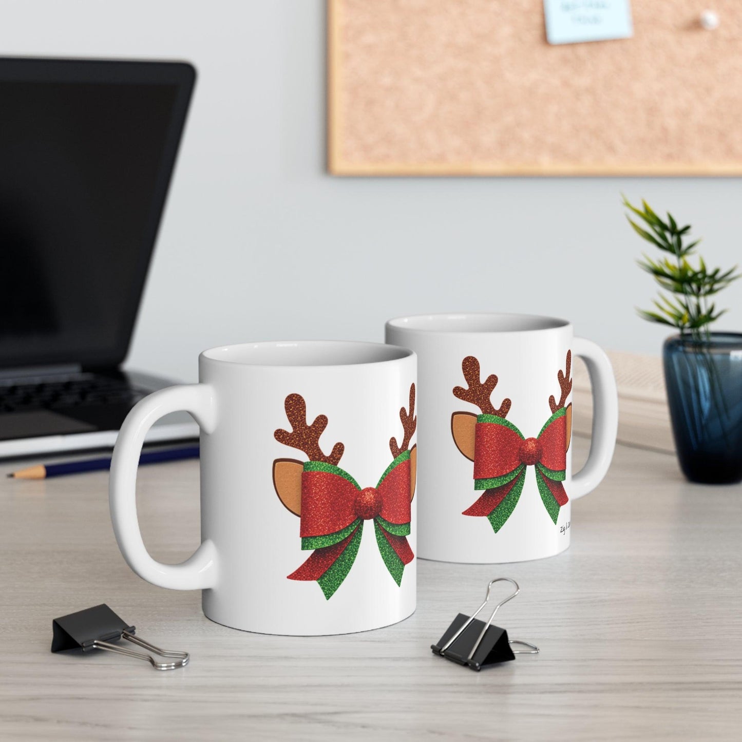 Christmas Reindeer Bow White Ceramic Coffee Mug