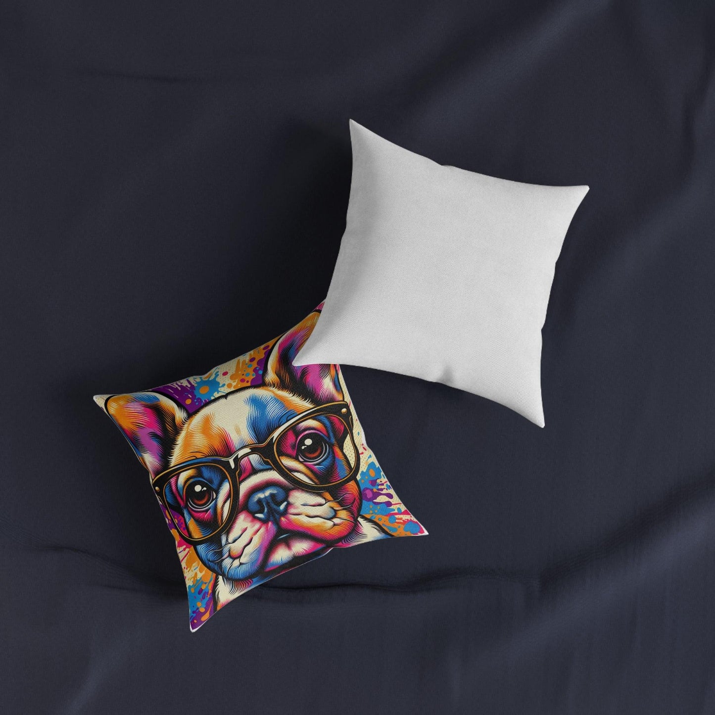 French Bulldog Wearing Glasses Pop Art Square Cushion