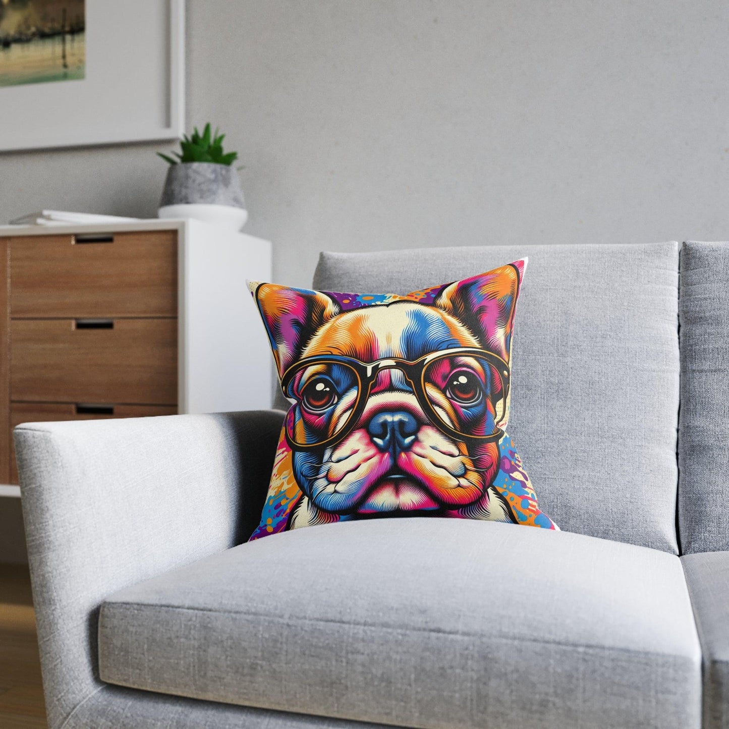 French Bulldog Wearing Glasses Pop Art Square Cushion