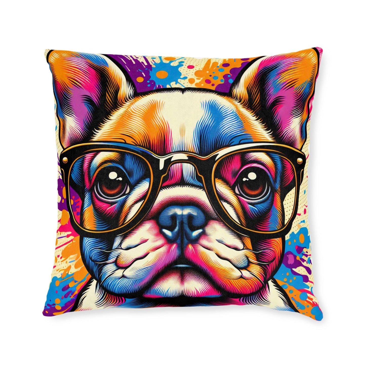 French Bulldog Wearing Glasses Pop Art Square Cushion