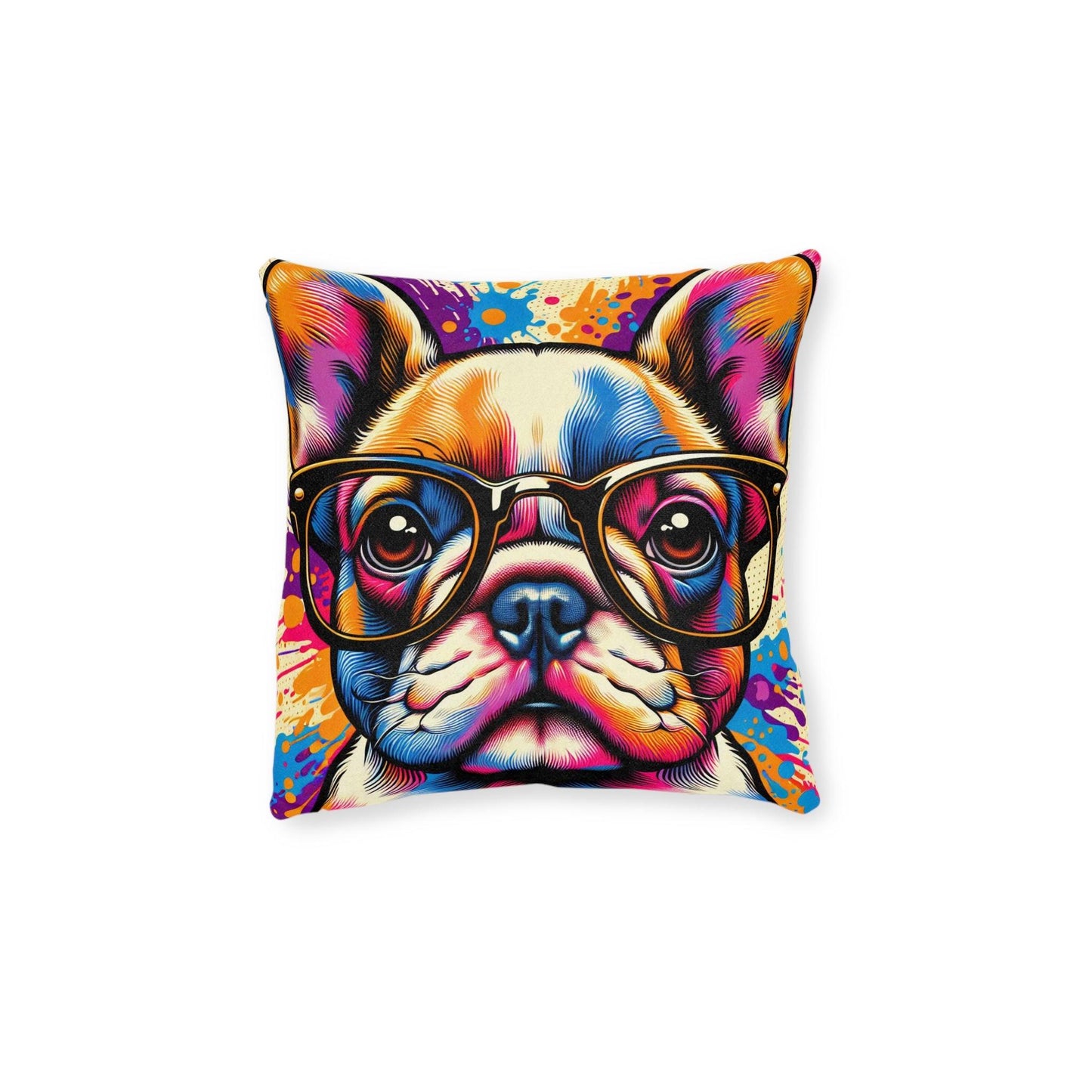 French Bulldog Wearing Glasses Pop Art Square Cushion
