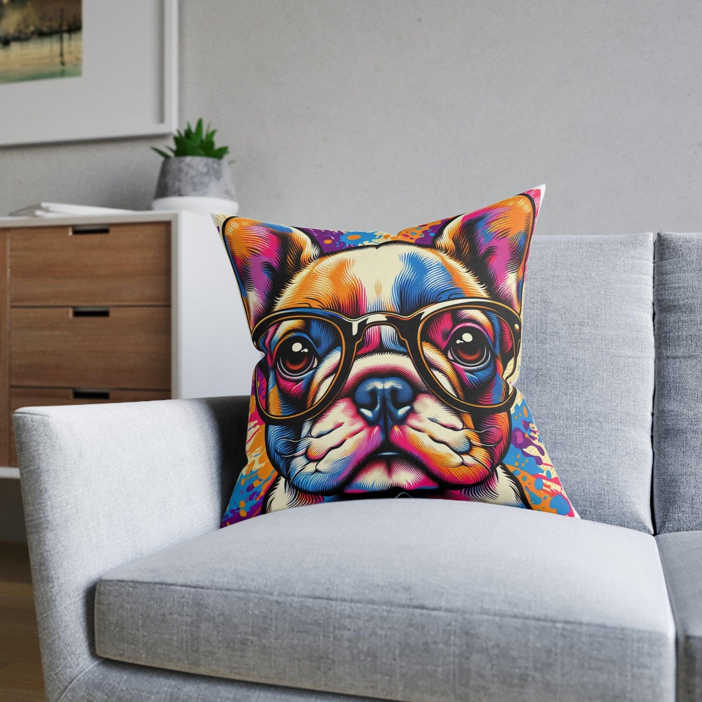 French Bulldog Wearing Glasses Pop Art Square Cushion