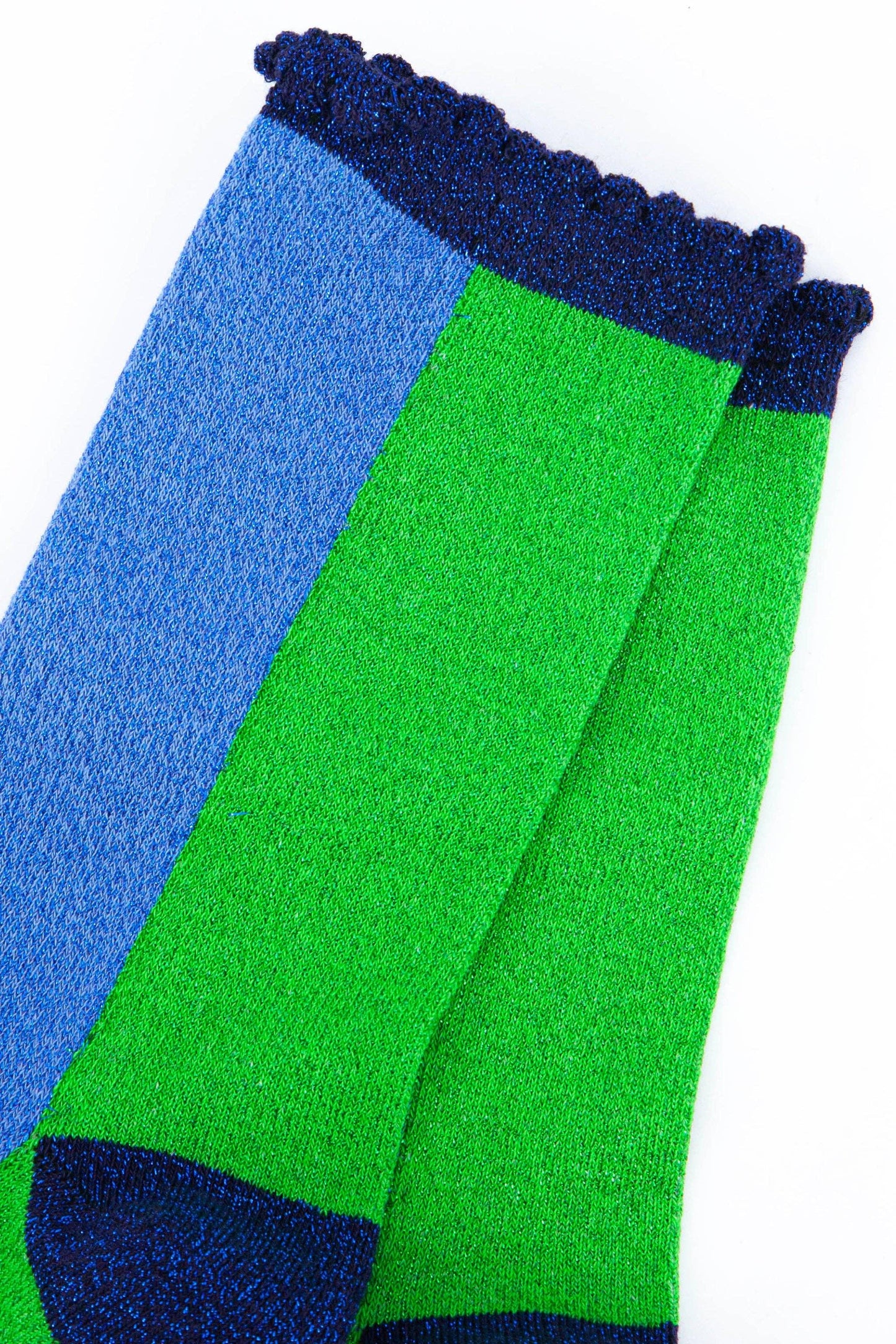 Details of women's cotton glitter socks in blue green and navy