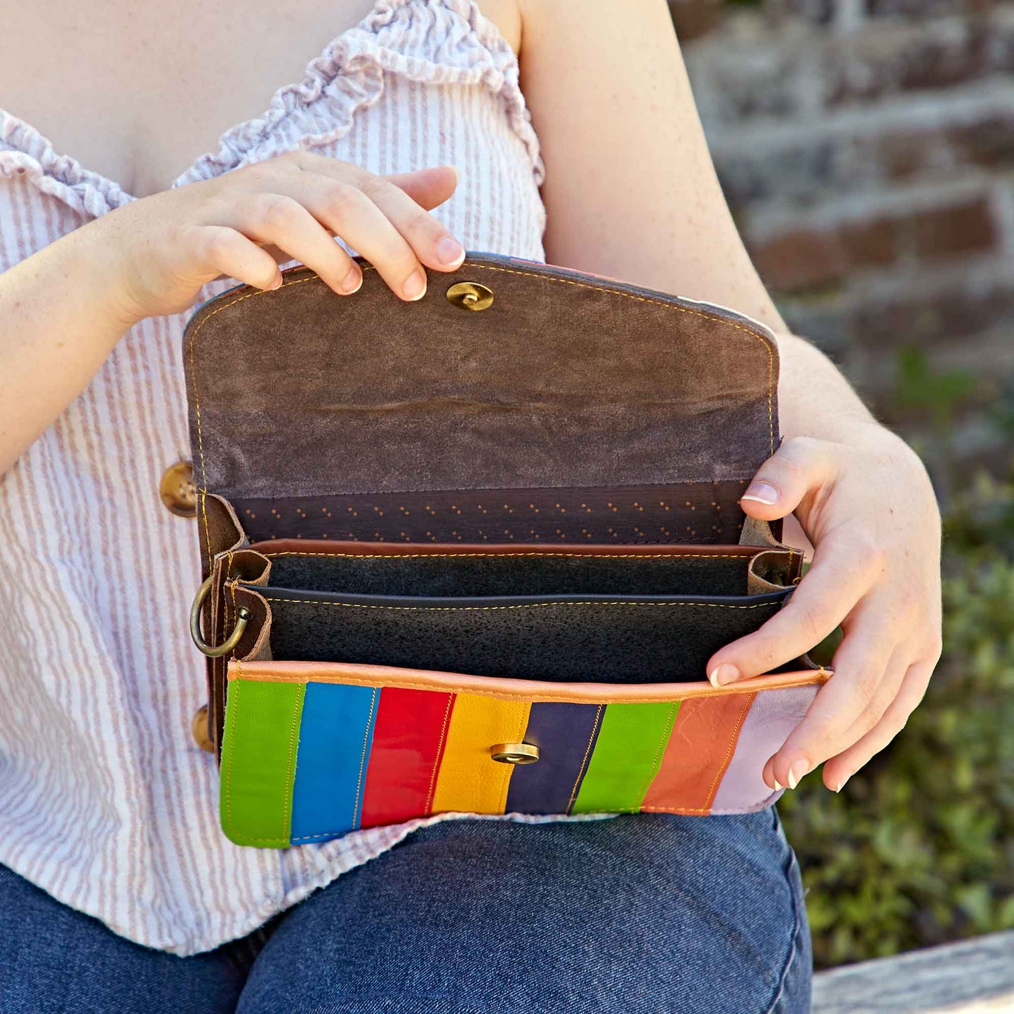 Recycled Leather Multicoloured Crossbody Bag - Handmade