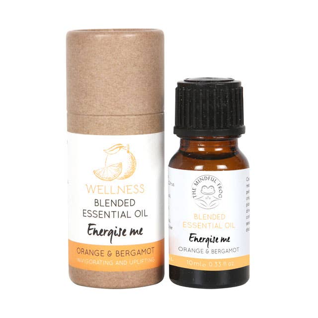 A 10ml bottle of "Energise Me" essential oil blend containing Orange and Bergamot, designed to promote an invigorating and uplifting effect. The bottle is packaged in a brown cardboard tube.