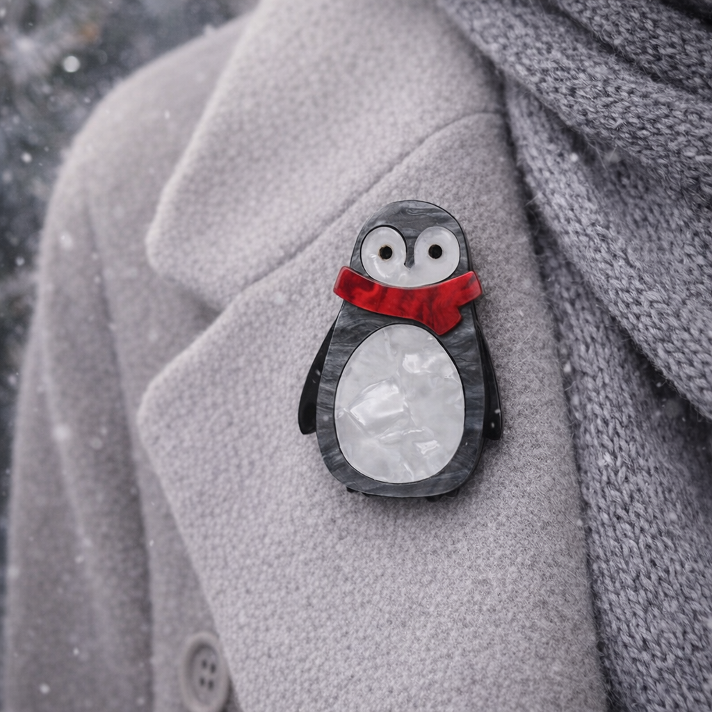 Penguin brooch with a red scarf on a gray coat against a snowy background