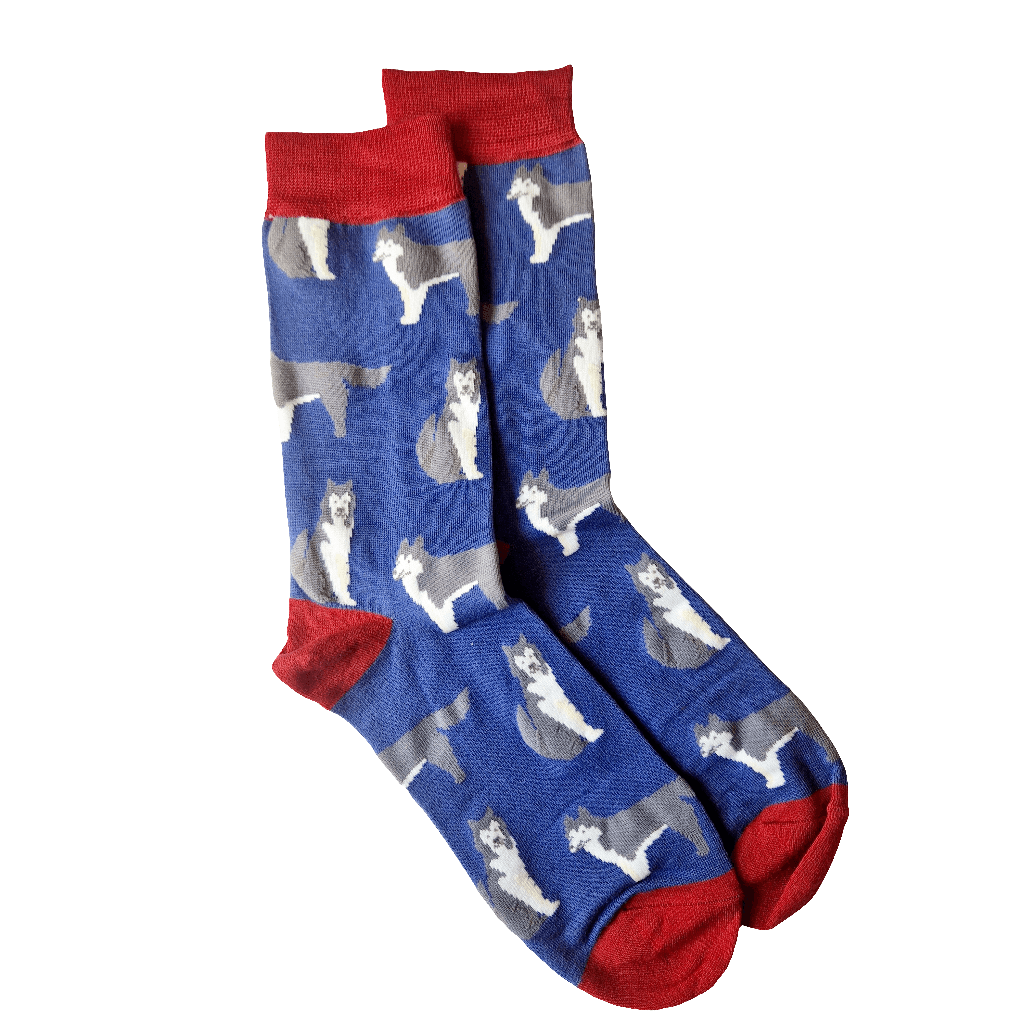 Men's Husky Dog Blue with Red Accents Bamboo Socks