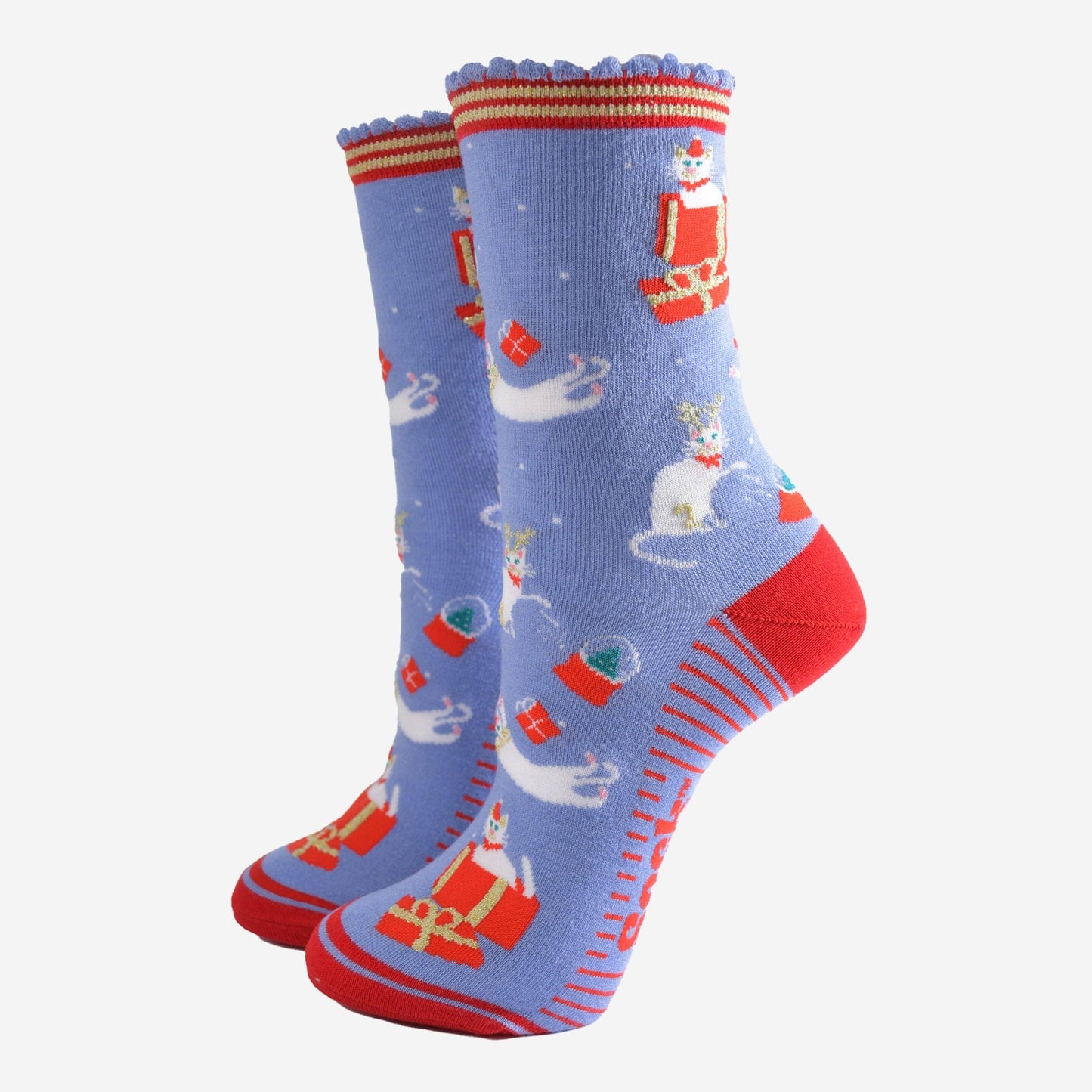 Women's Festive Cats Bamboo Socks Blue and Red
