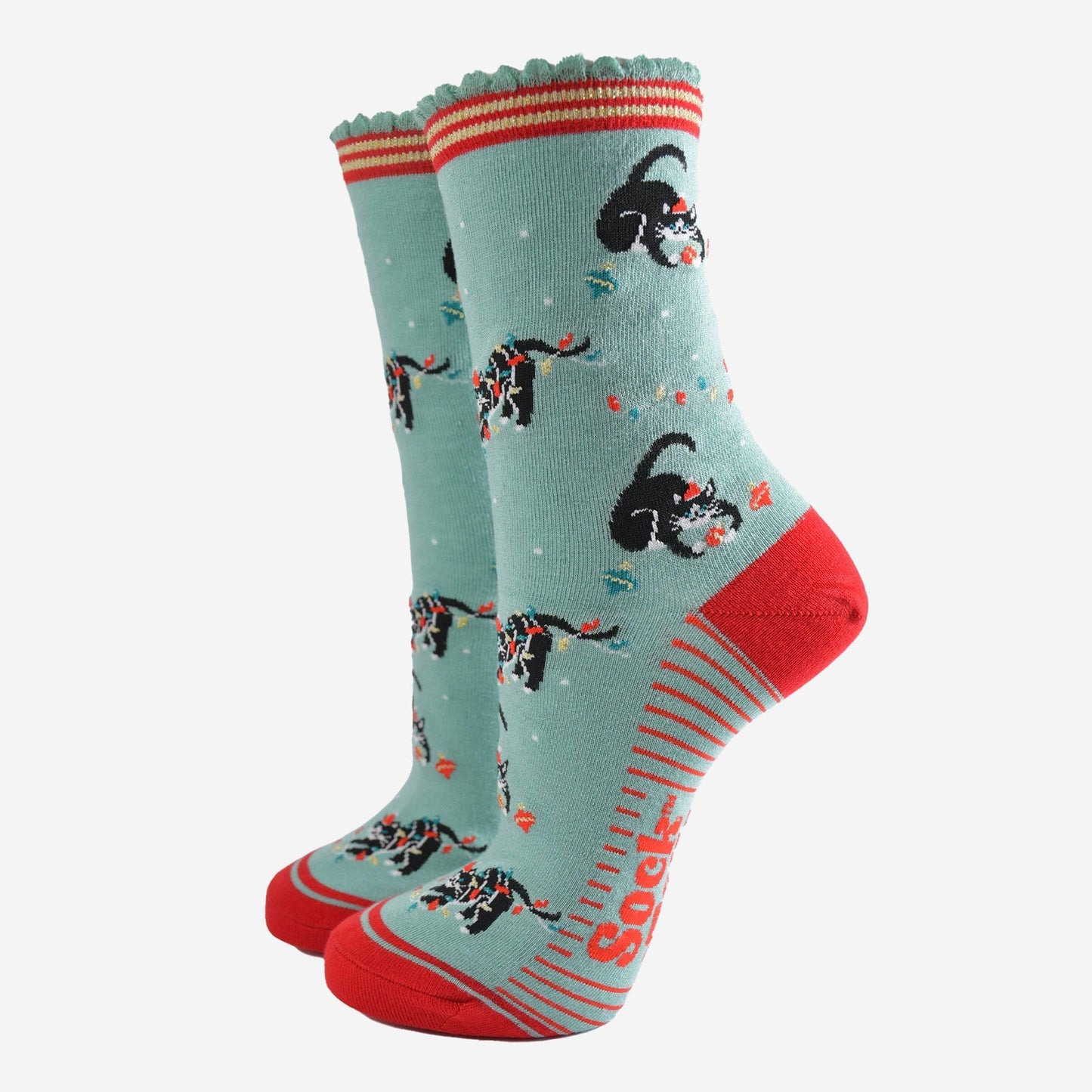 Women's Festive Cats Bamboo Socks Mint and Red Colour