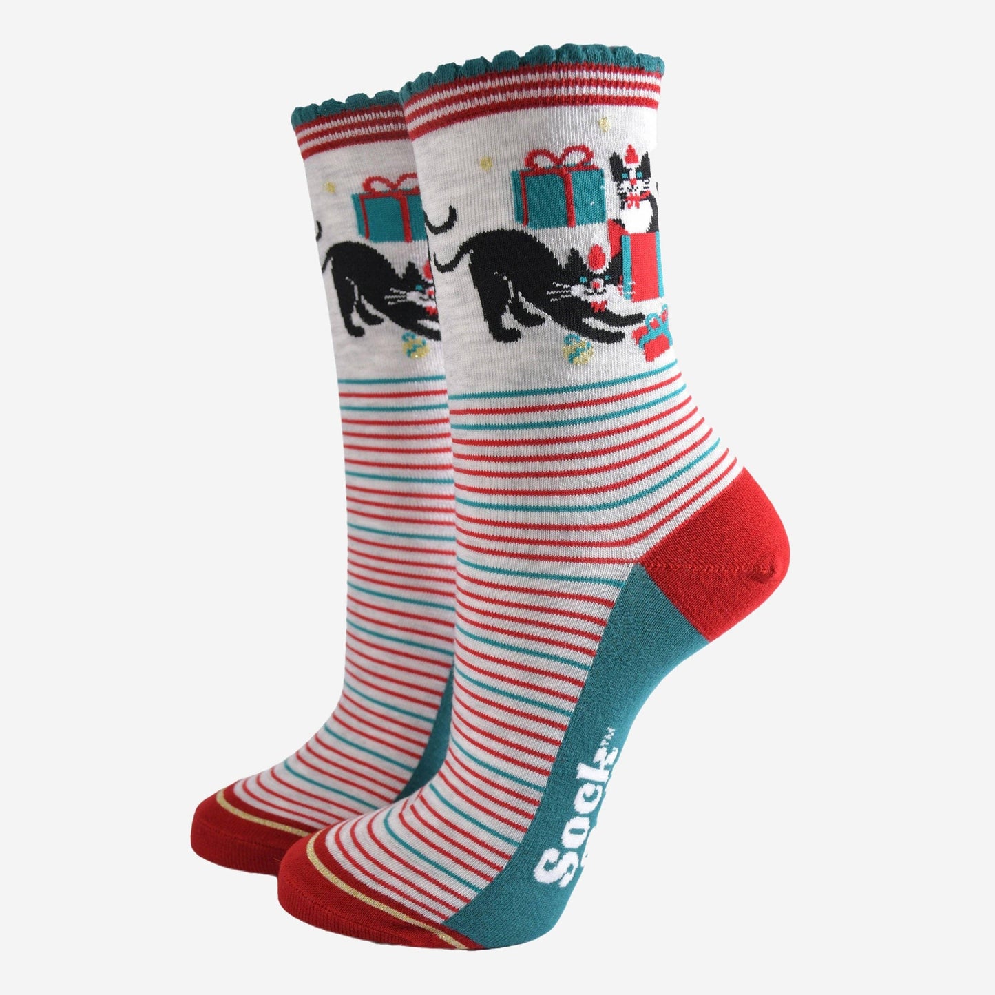 Women's Festive Cats Bamboo Socks Teal and Red