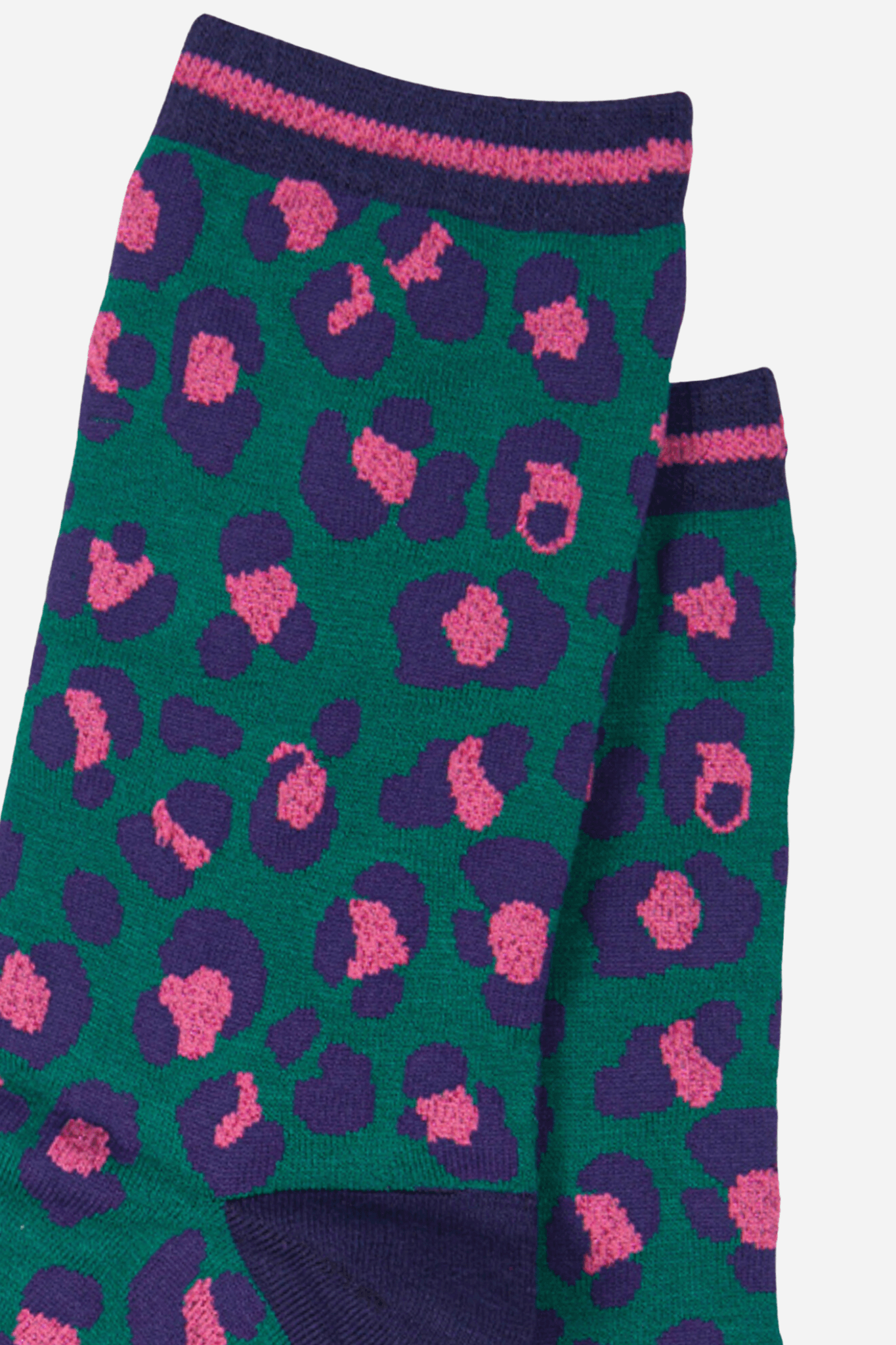 Women's Leopard Print Green and Pink Bamboo Socks Detail