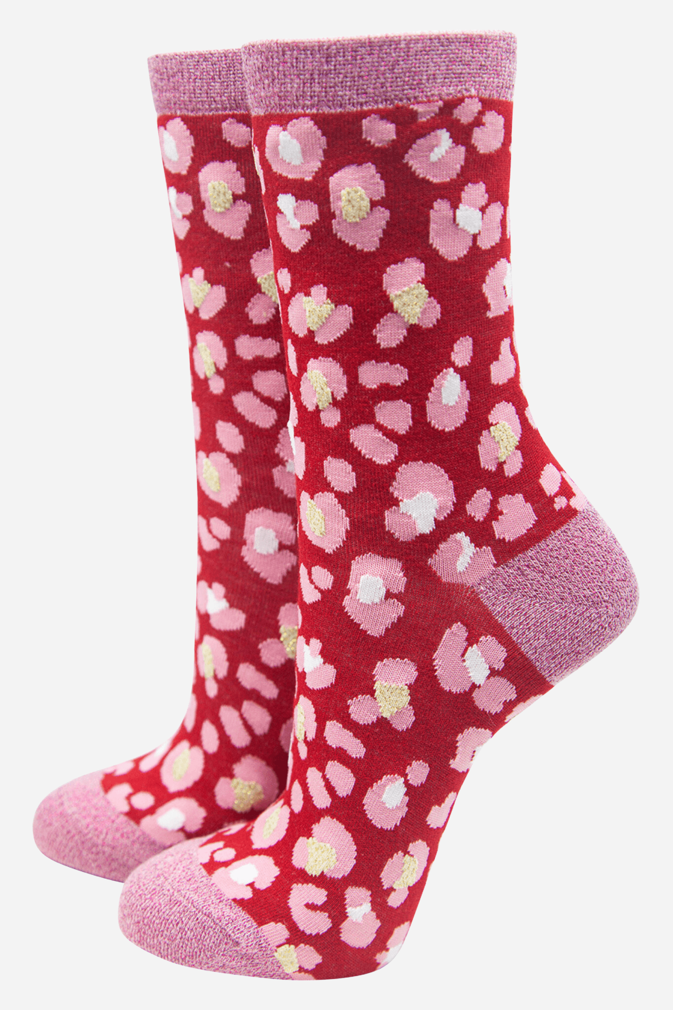Women's Red and Pink Animal Print Glitter and Bamboo Socks
