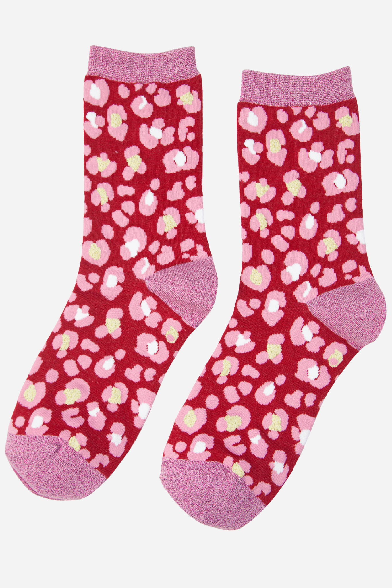 Women's Red and Pink Leopard Print Glitter and Bamboo Socks