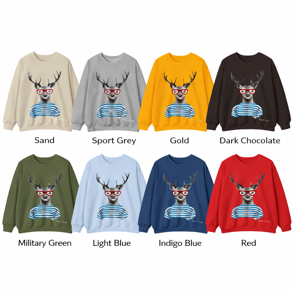 Collection of sweatshirts with a deer design in various colors on a white background