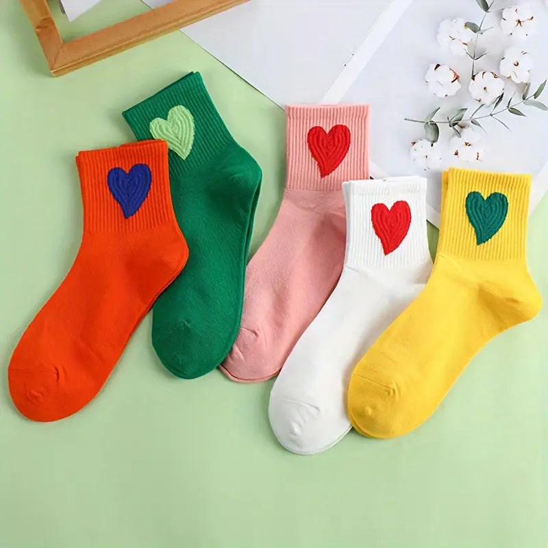 Women's Hearts Embroidery Cotton Blend Socks 5 Pairs Set