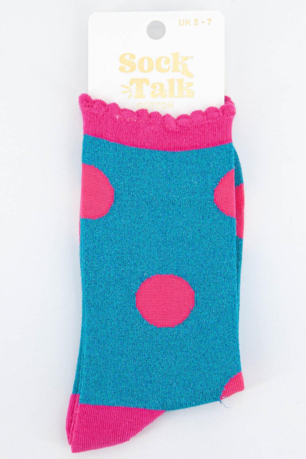 Women's Cotton Glitter Turquoise and Pink Large Polka Dot Socks