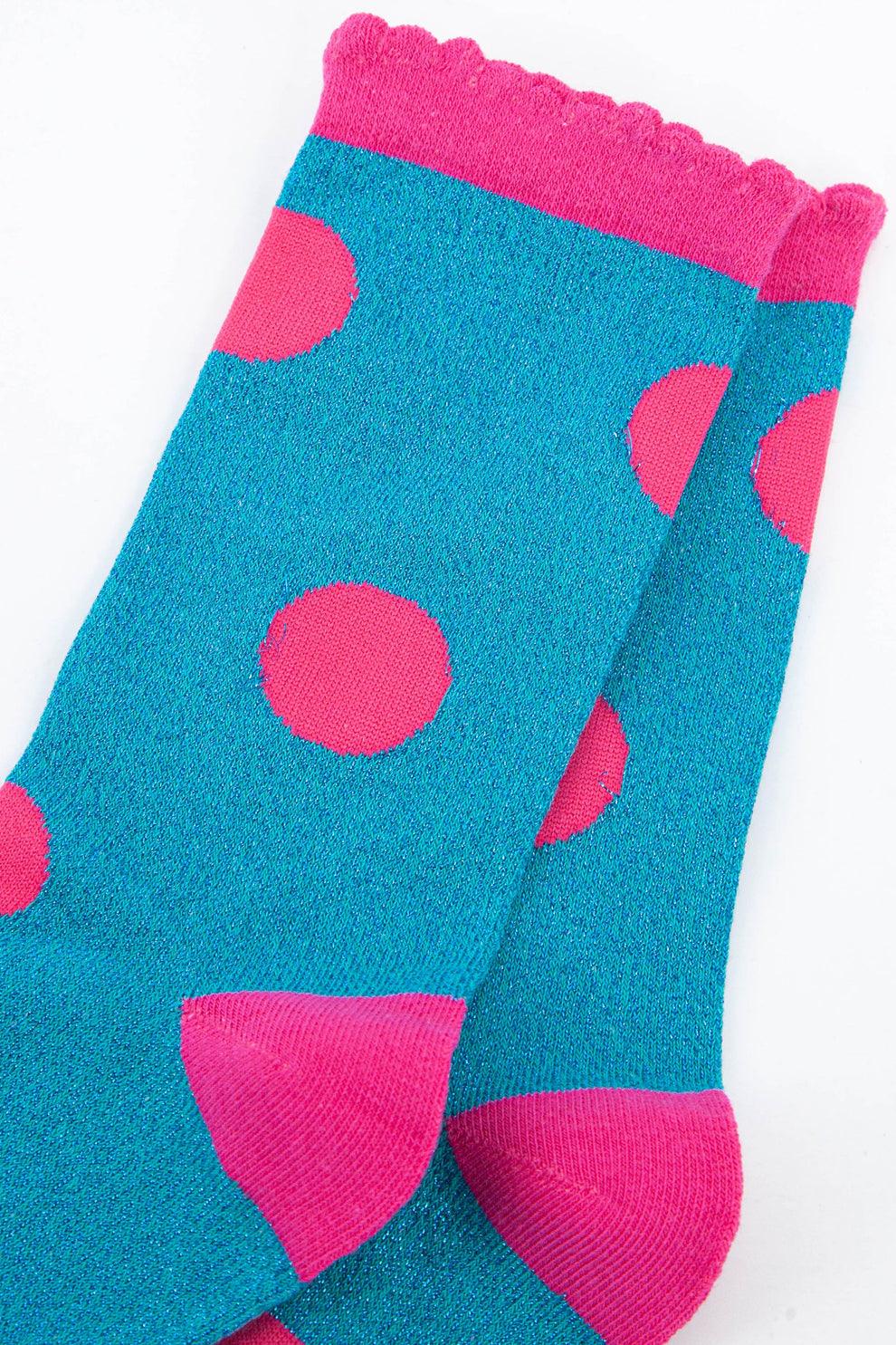 Women's Cotton Glitter Turquoise and Pink Large Polka Dot Socks