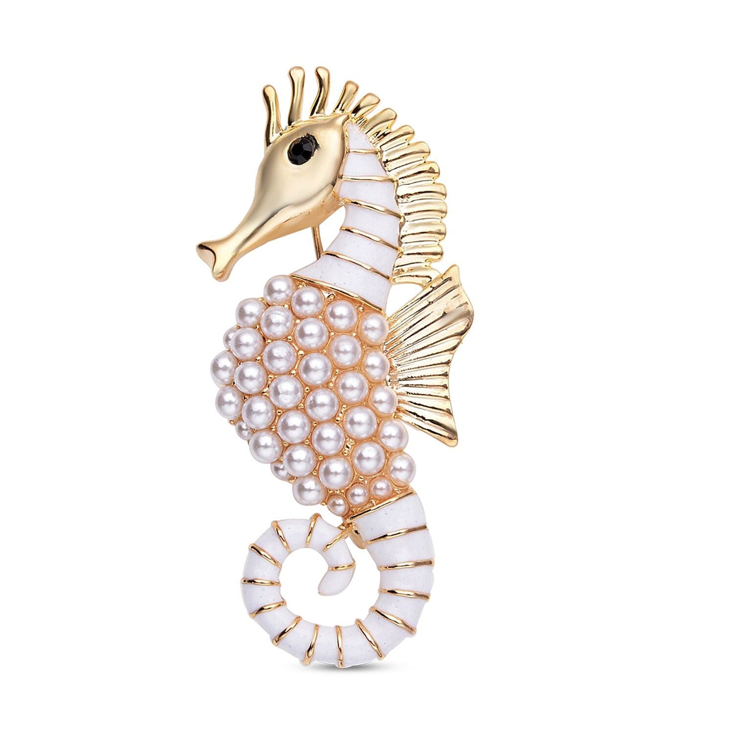 Elegant Pearl Seahorse Brooch with Rose Gold Finish & Enamel Detail
