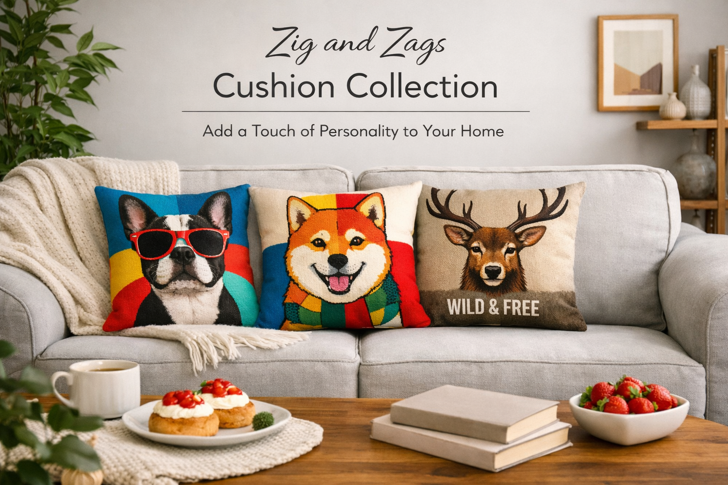 A cosy living room scene featuring three decorative cushions.