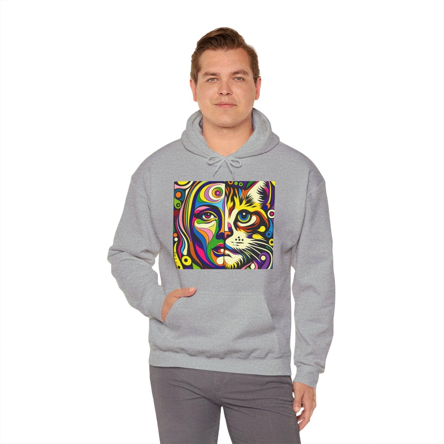 Pop Art Hoodie with Half Woman and Cat Design