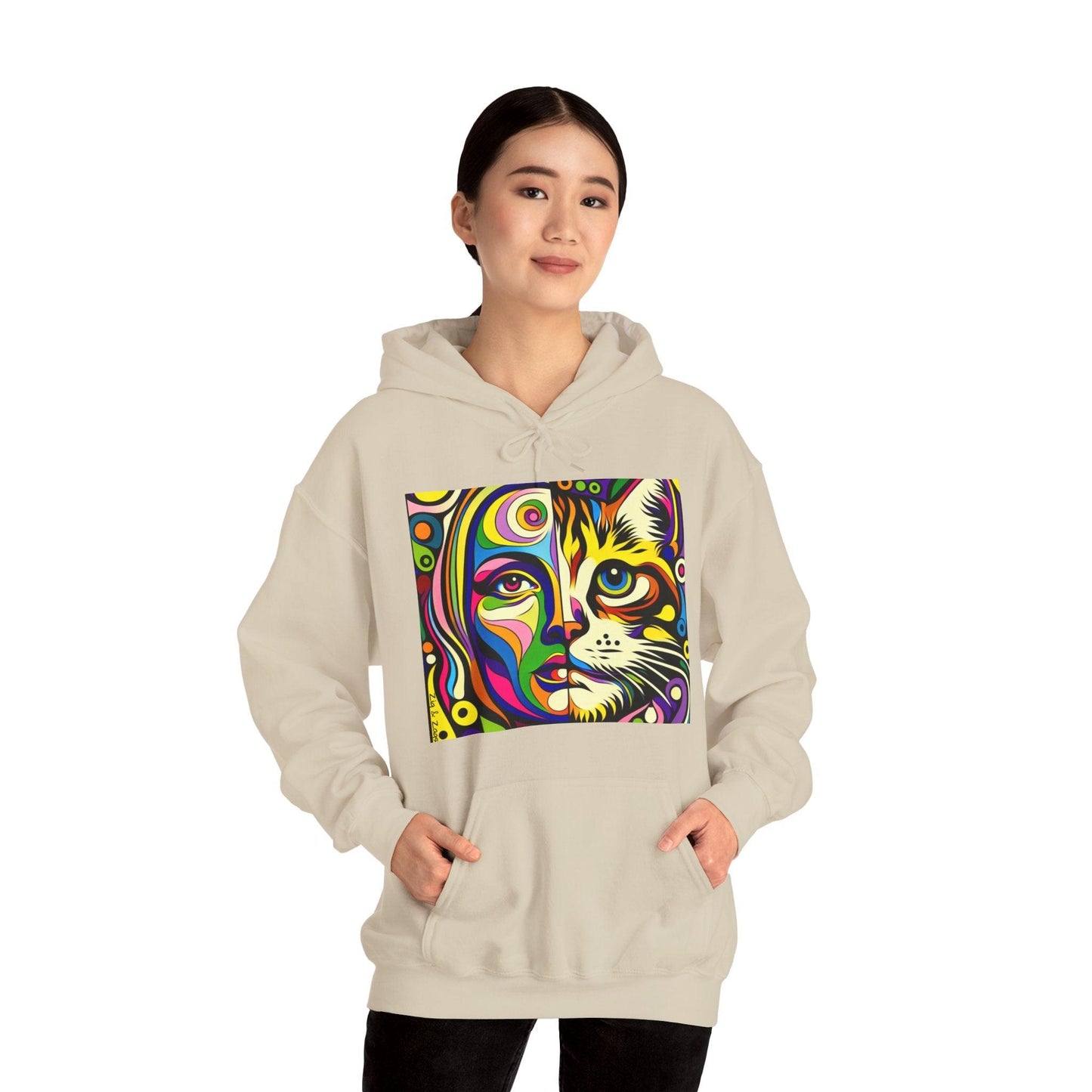 Pop Art Hoodie with Half Woman and Cat Design