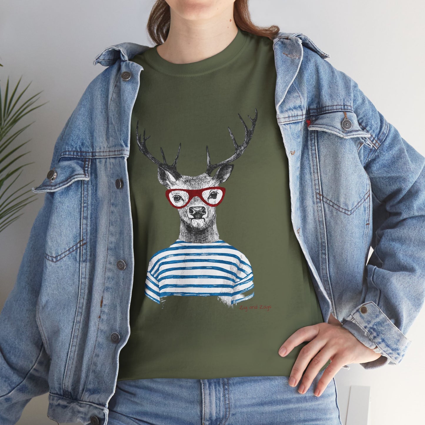 Deer in Glasses Graphic Tee — Quirky Striped Stag T-Shirt