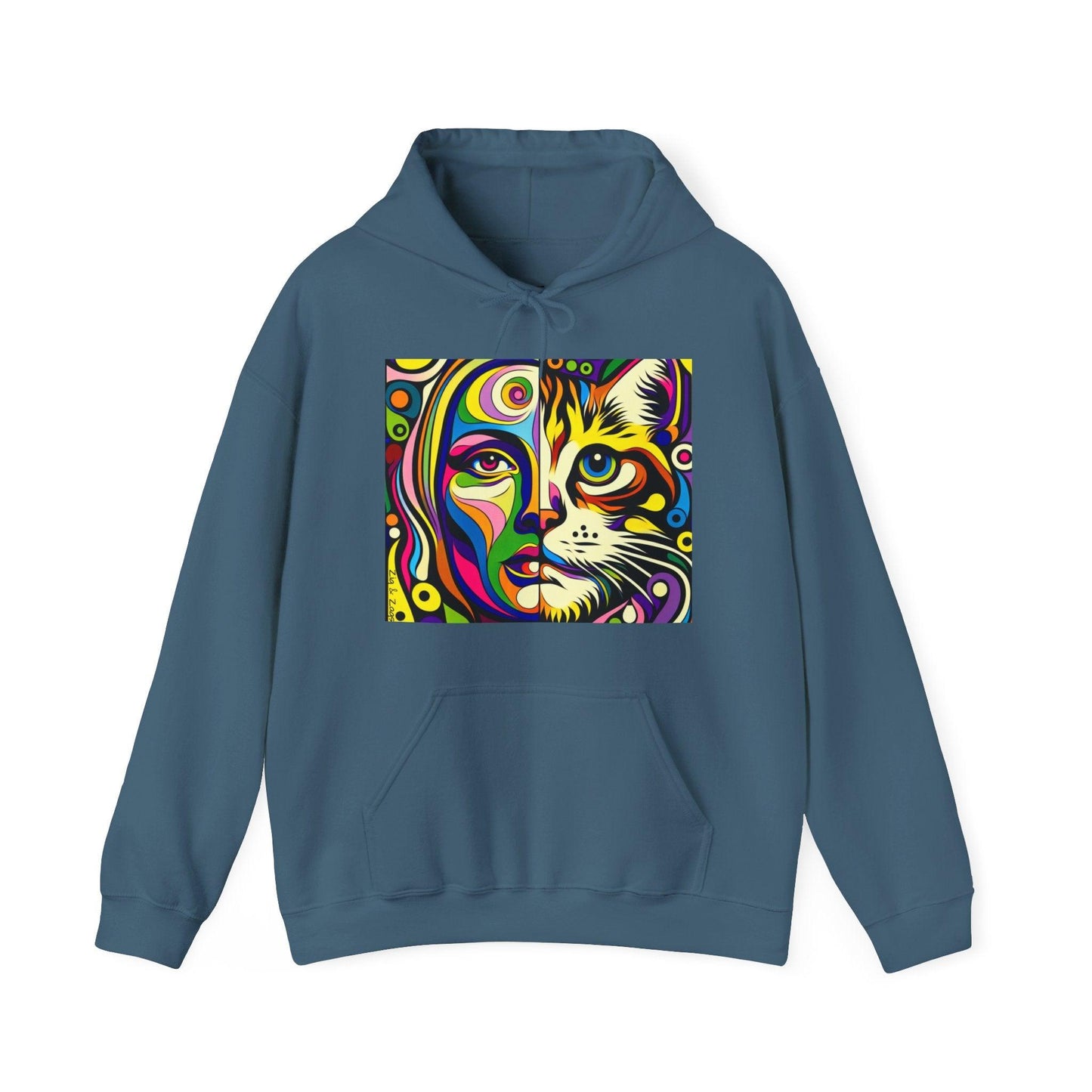 Pop Art Hoodie with Half Woman and Cat Design