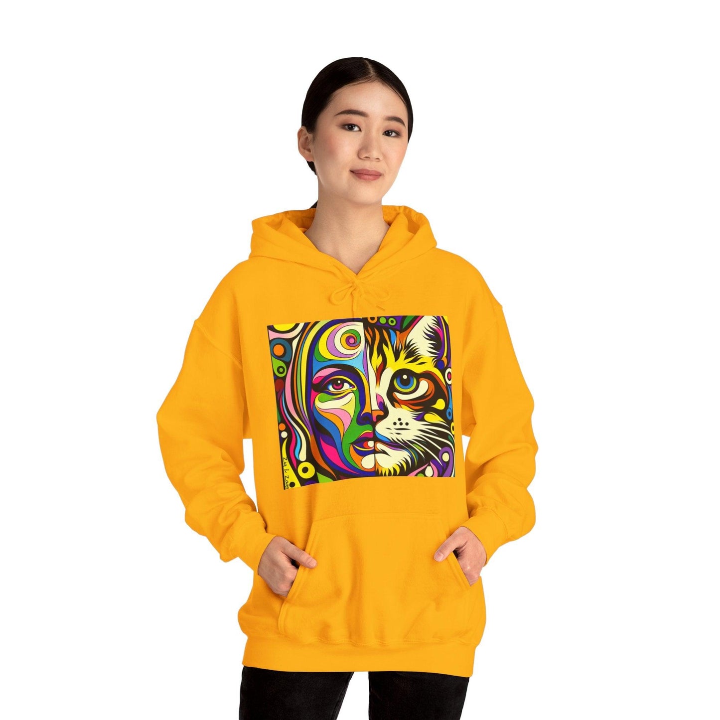 Pop Art Hoodie with Half Woman and Cat Design