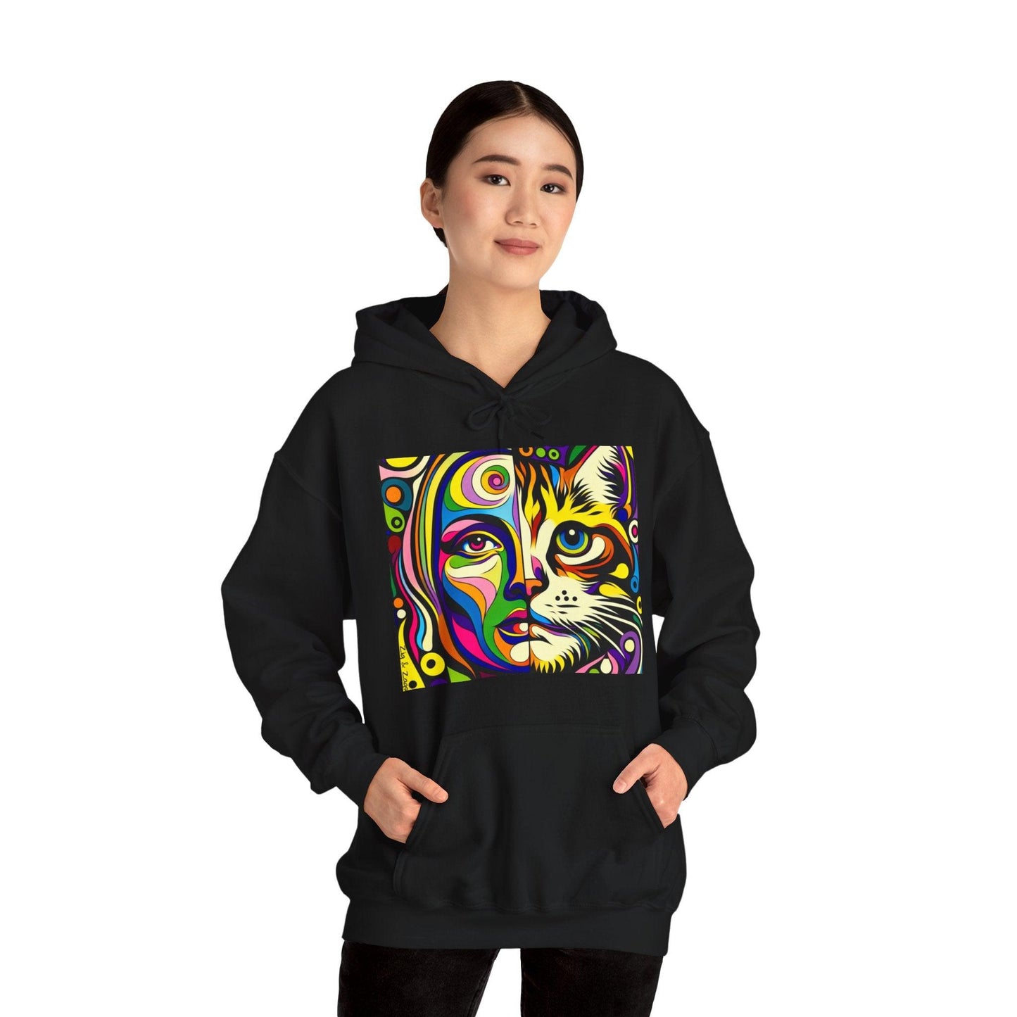 Pop Art Hoodie with Half Woman and Cat Design