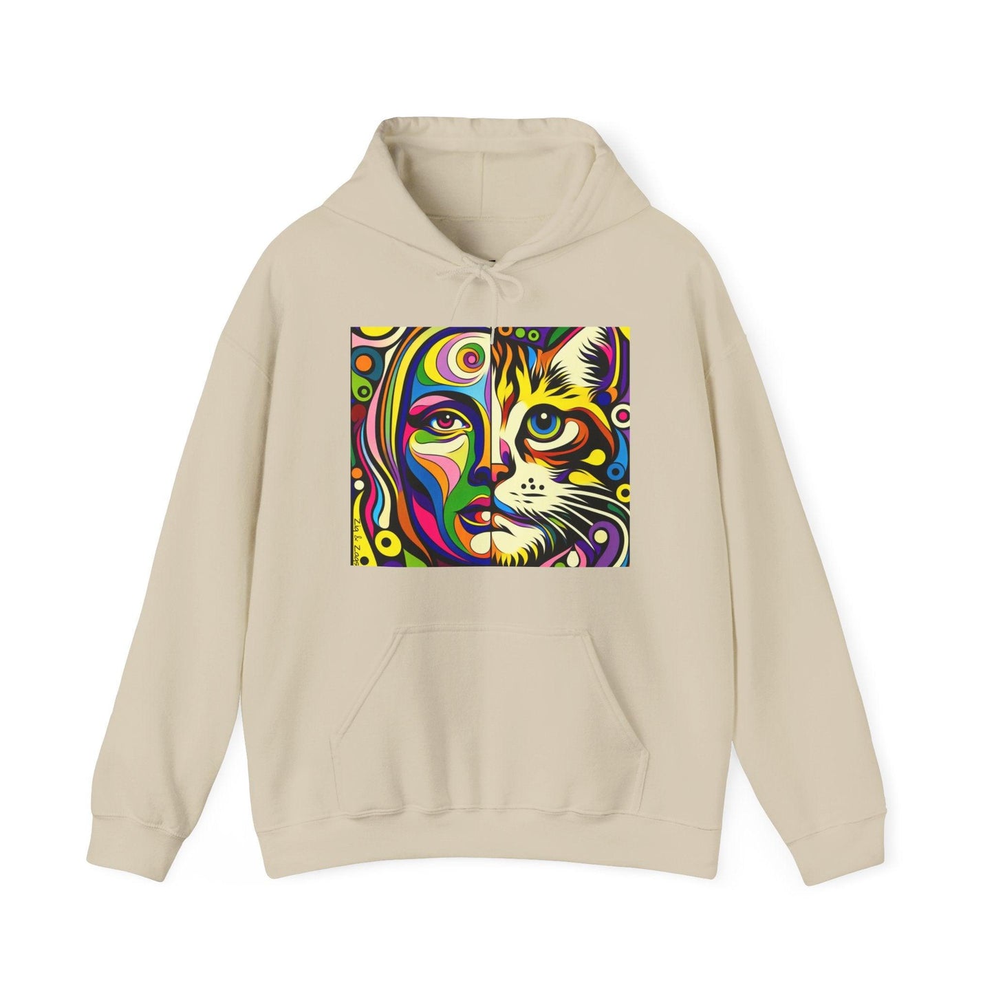 Pop Art Hoodie with Half Woman and Cat Design