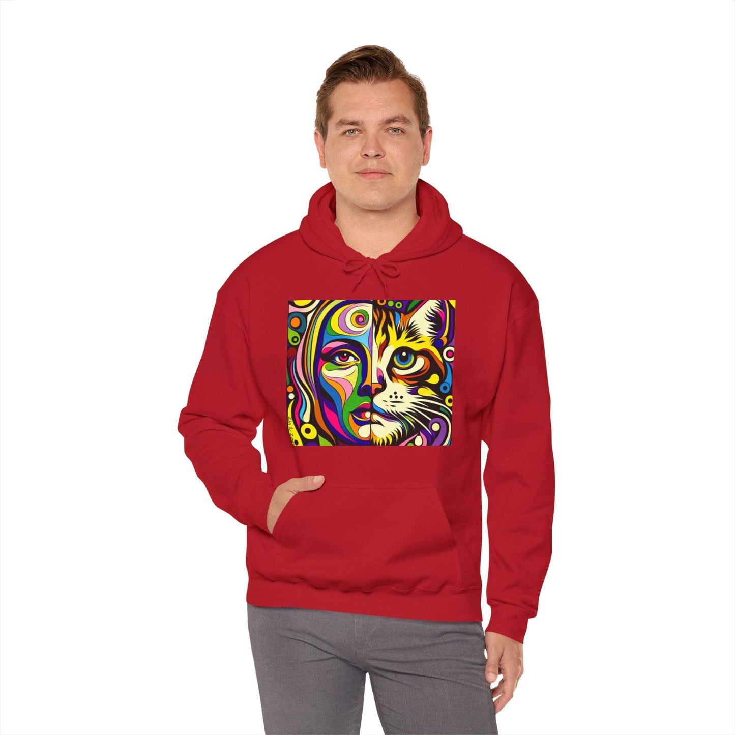 Pop Art Hoodie with Half Woman and Cat Design