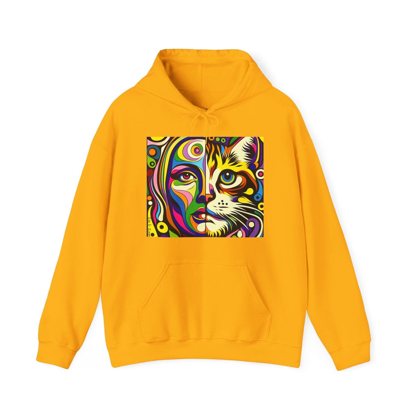 Pop Art Hoodie with Half Woman and Cat Design