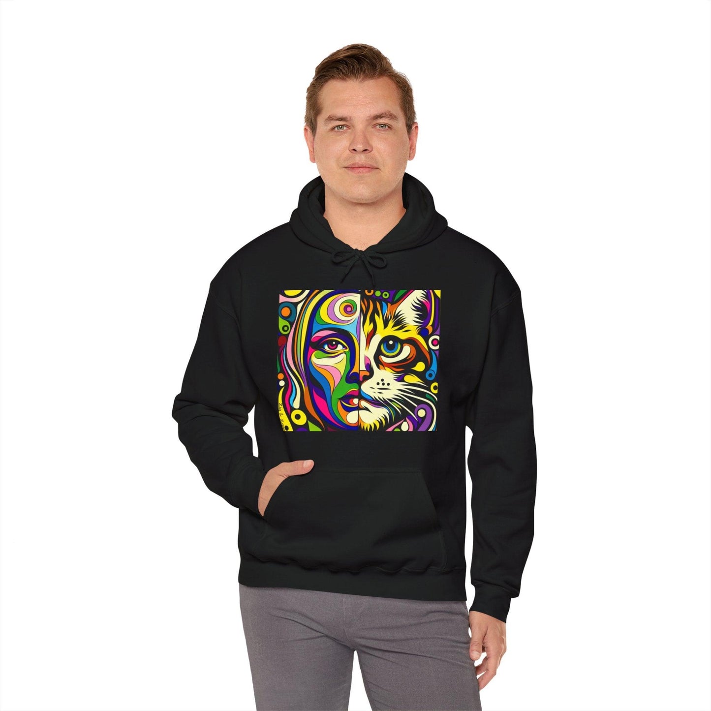 Pop Art Hoodie with Half Woman and Cat Design