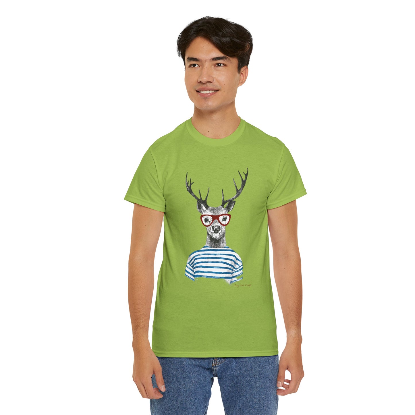 Deer in Glasses Graphic Tee — Quirky Striped Stag T-Shirt
