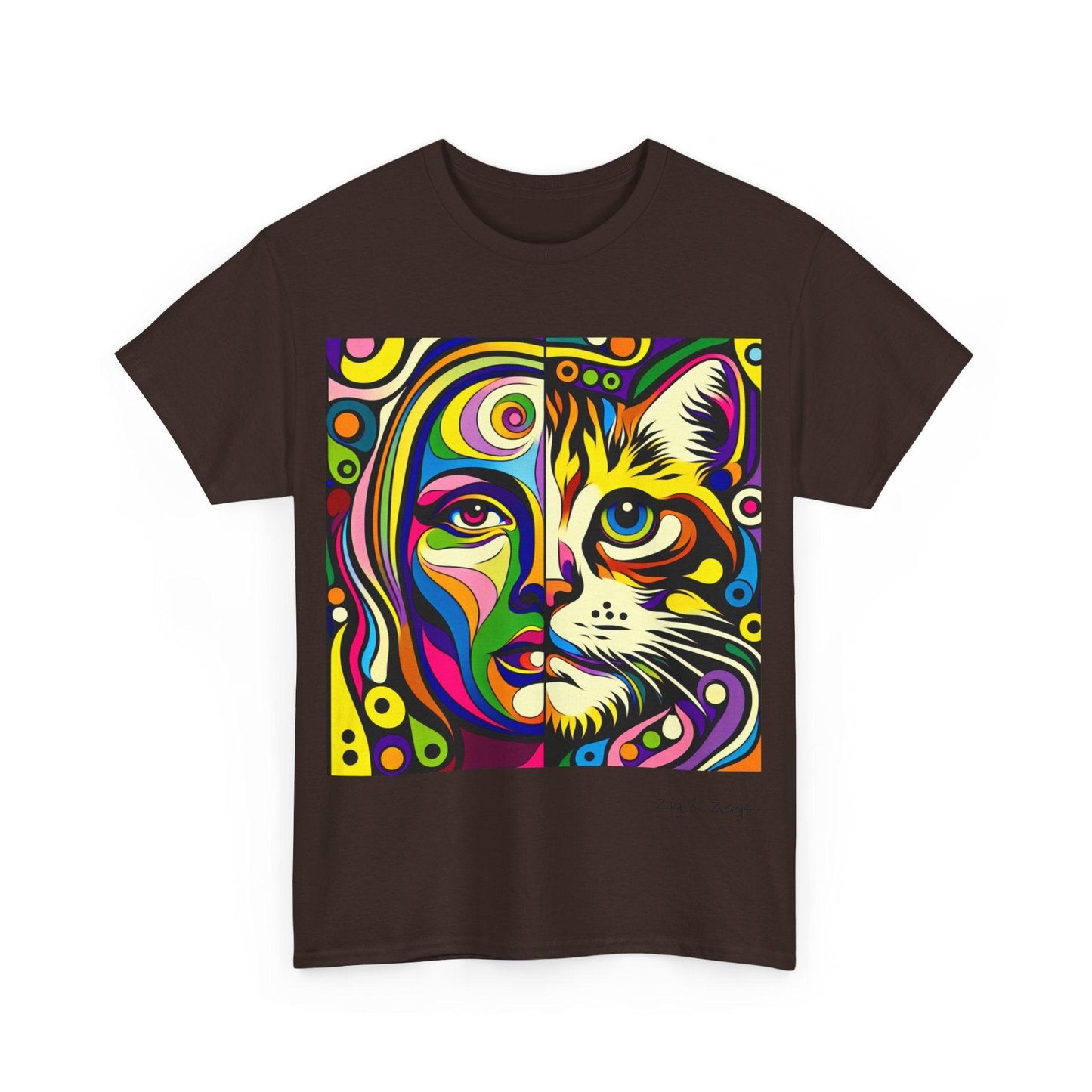 Pop Art Half Woman and Cat Portrait Cotton Tee