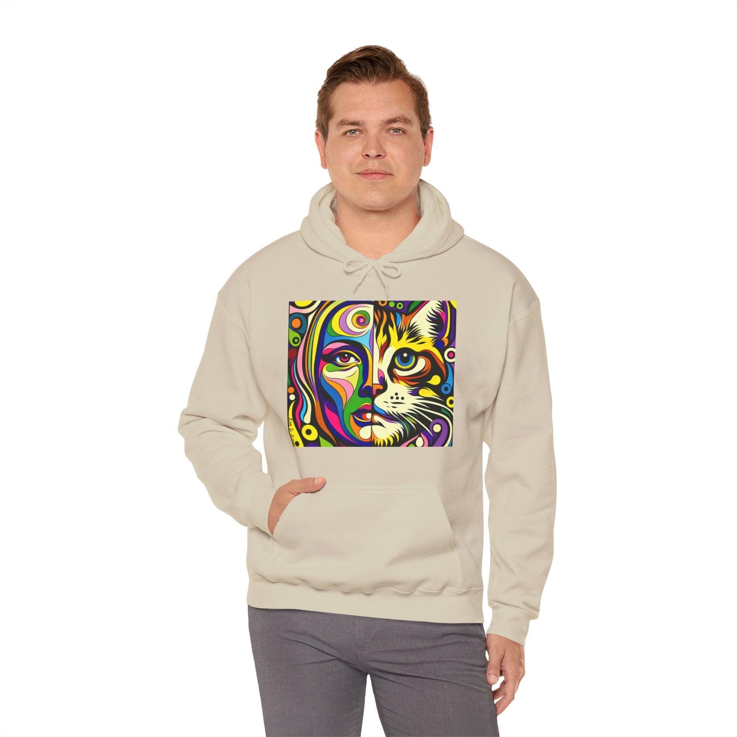 Pop Art Hoodie with Half Woman and Cat Design