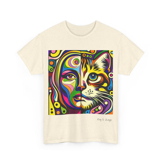 Pop Art Half Woman and Cat Portrait Cotton Tee