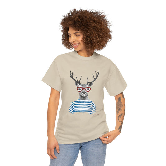 Deer in Glasses Graphic Tee — Quirky Striped Stag T-Shirt