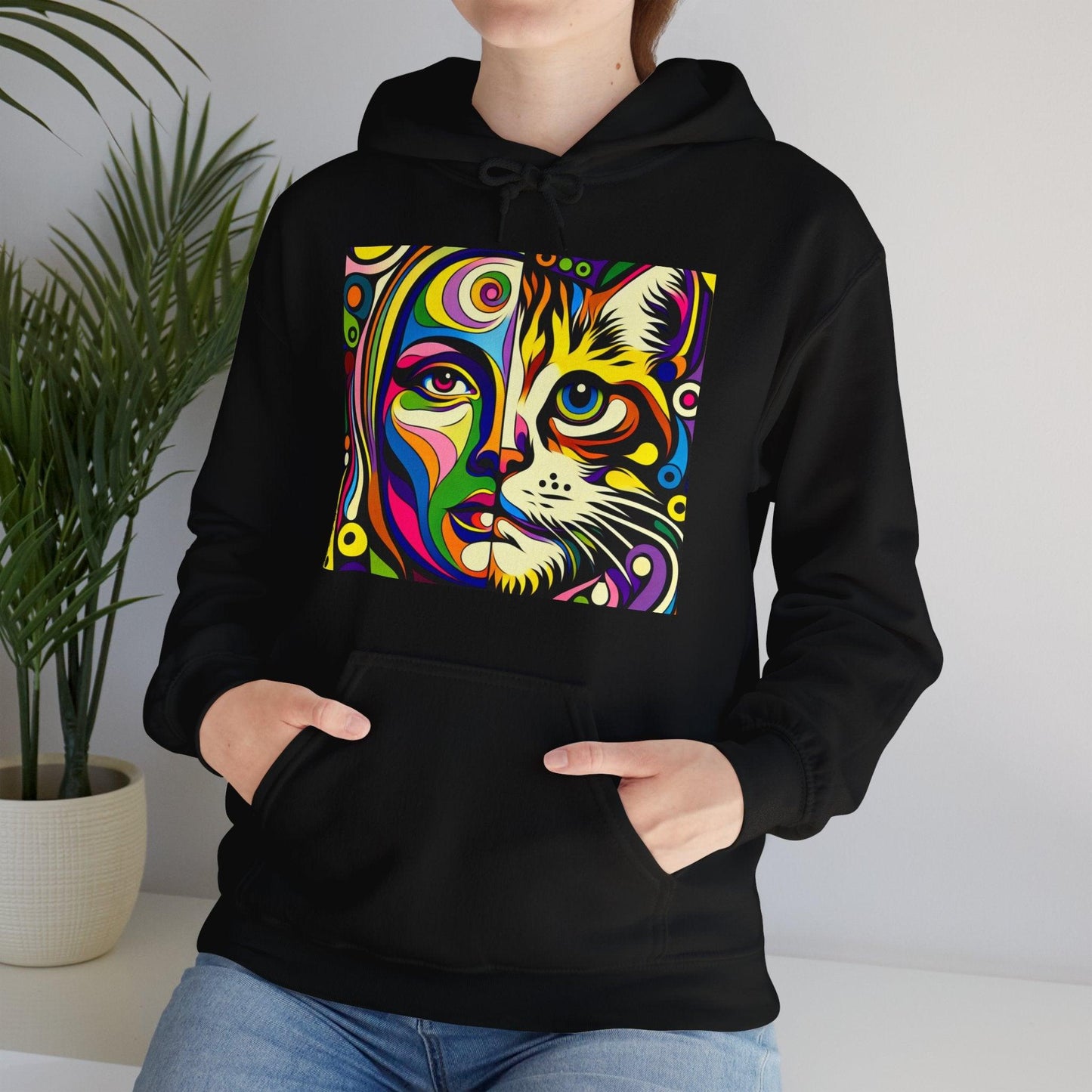 Pop Art Hoodie with Half Woman and Cat Design