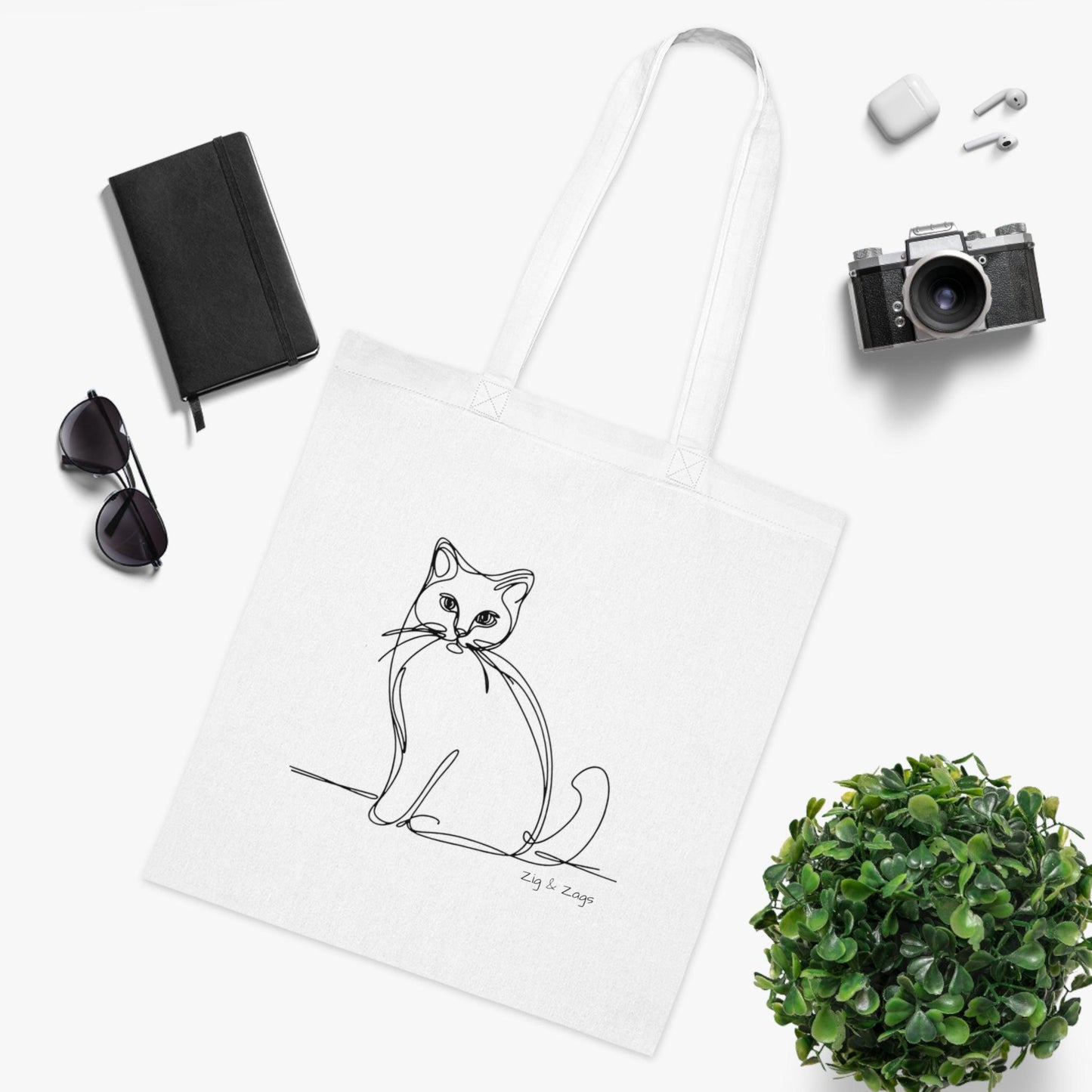 Line Art Cat Design Cotton Tote Bag