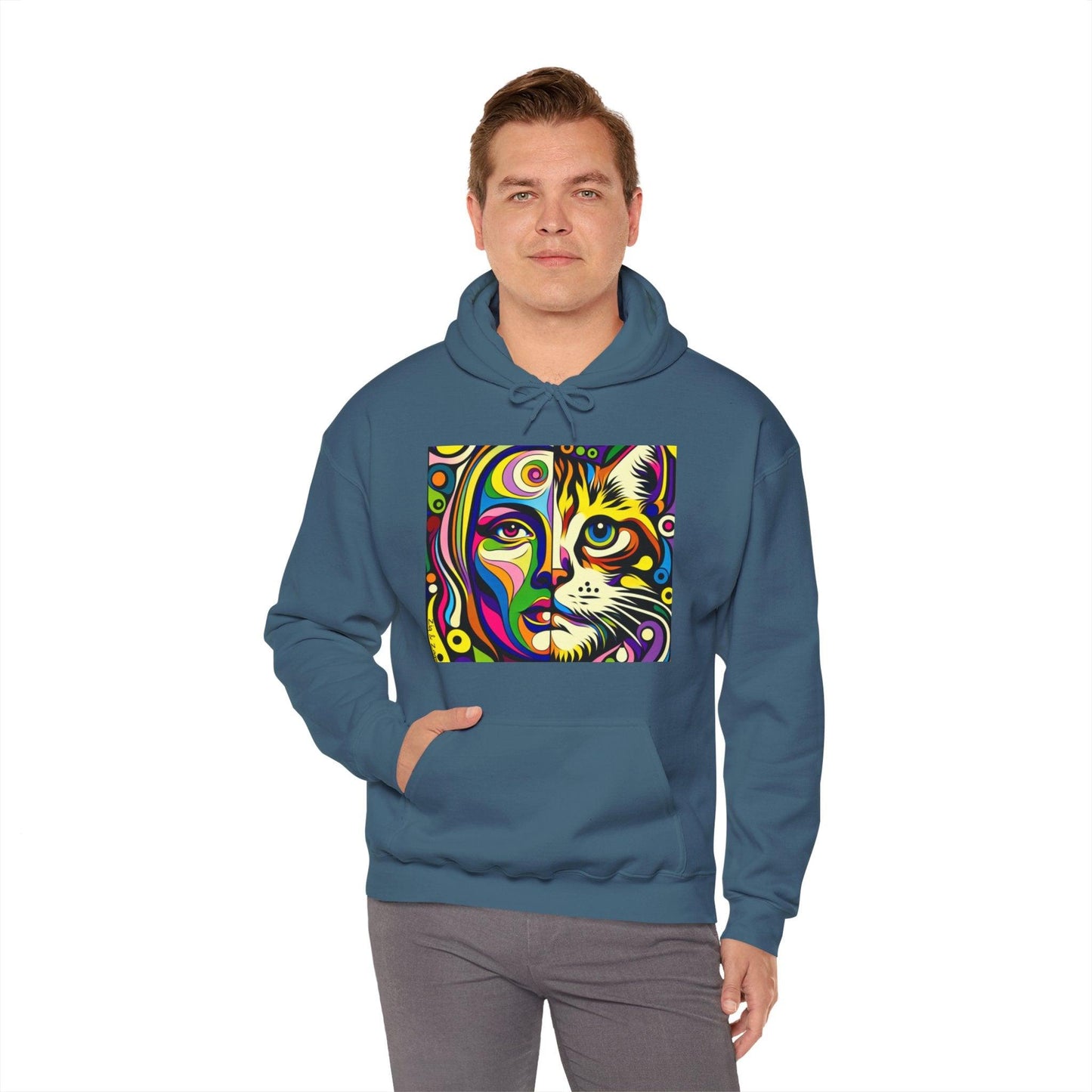 Pop Art Hoodie with Half Woman and Cat Design