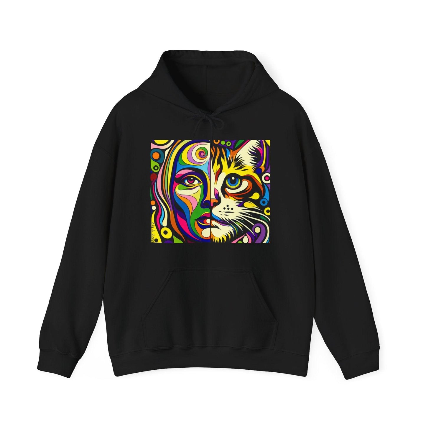 Pop Art Hoodie with Half Woman and Cat Design