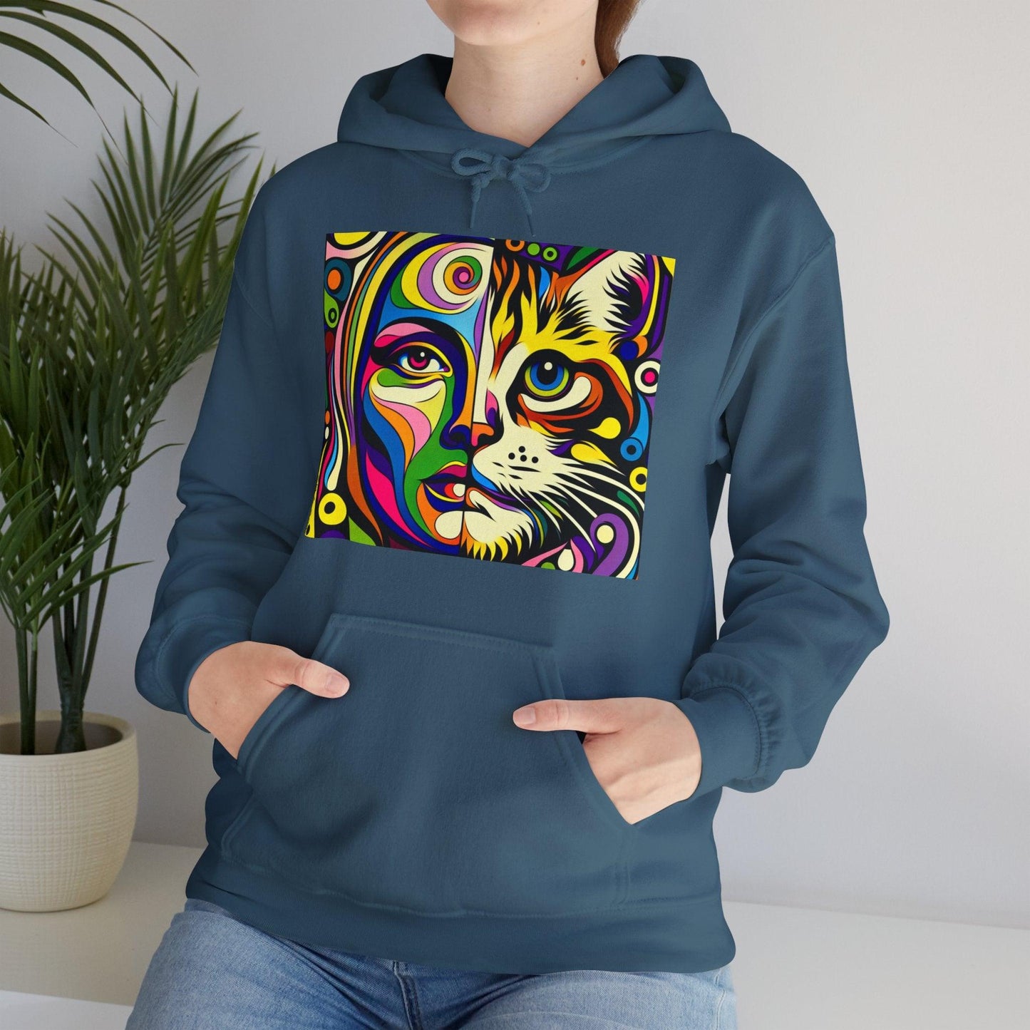 Pop Art Hoodie with Half Woman and Cat Design