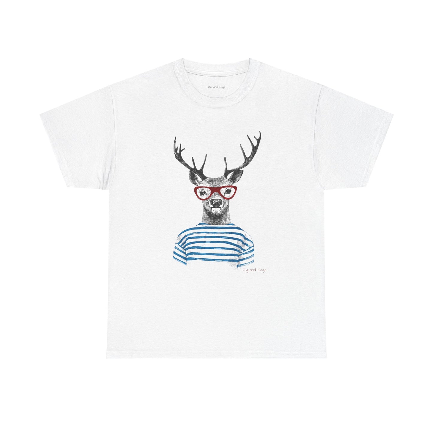 Deer in Glasses Graphic Tee — Quirky Striped Stag T-Shirt