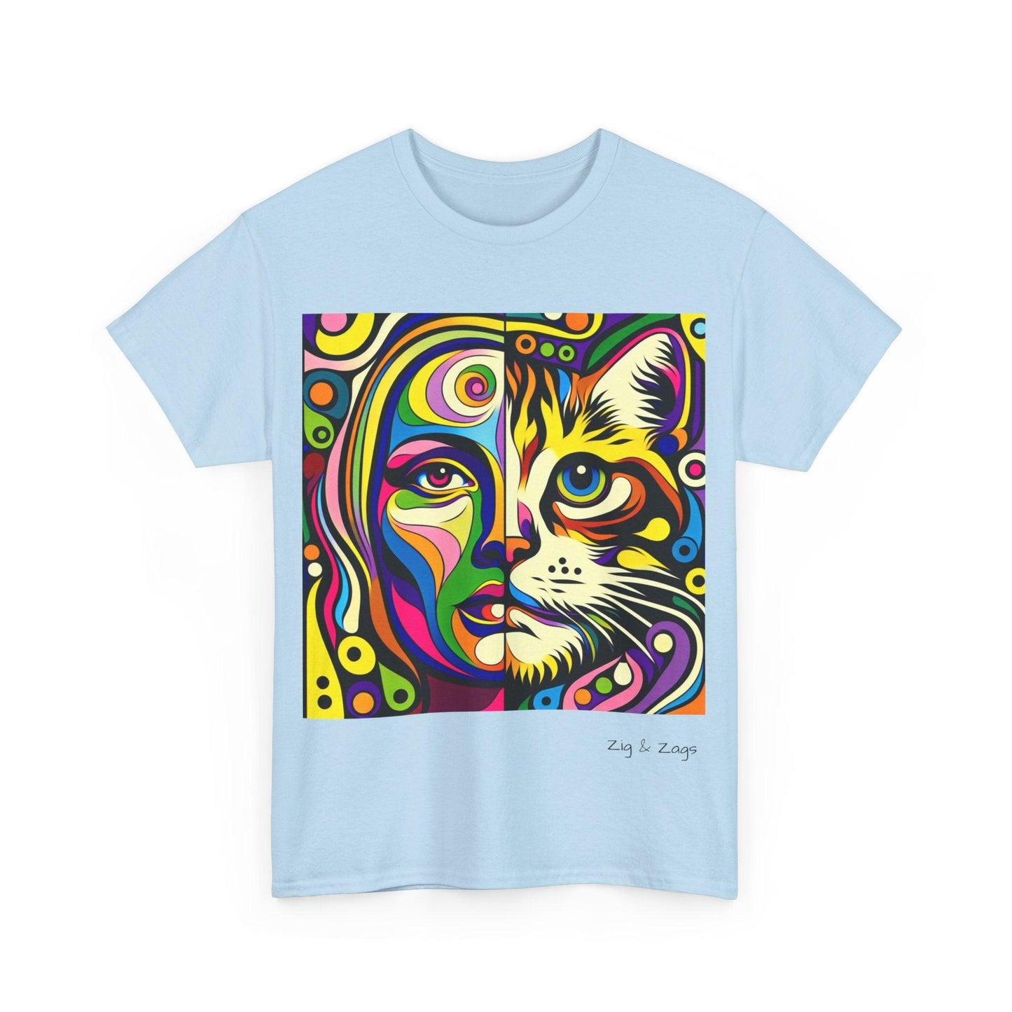 Pop Art Half Woman and Cat Portrait Cotton Tee