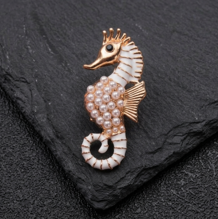 Elegant Pearl Seahorse Brooch with Rose Gold Finish & Enamel Detail