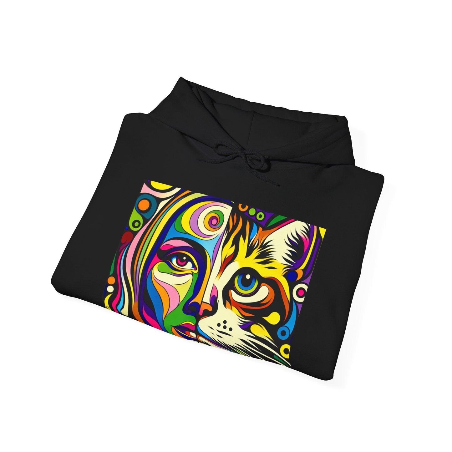 Pop Art Hoodie with Half Woman and Cat Design