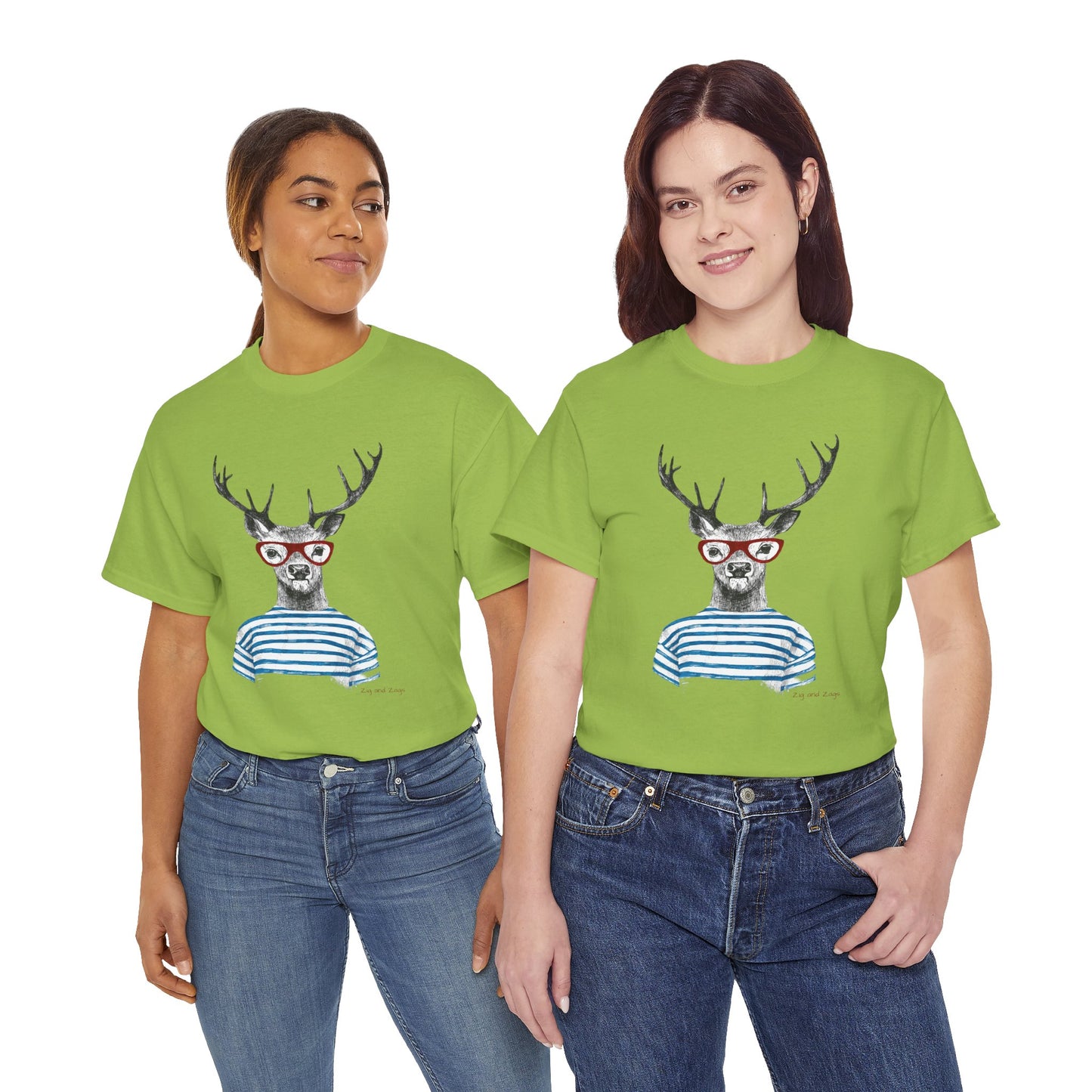 Deer in Glasses Graphic Tee — Quirky Striped Stag T-Shirt