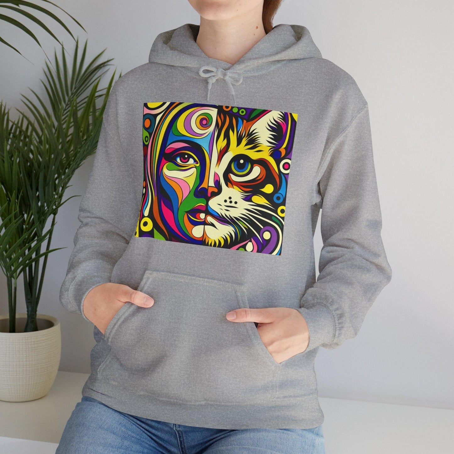 Pop Art Hoodie with Half Woman and Cat Design